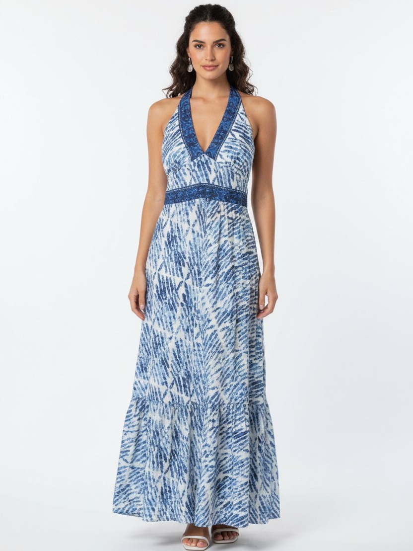 Blue Multicolor Halter Maxi Dress